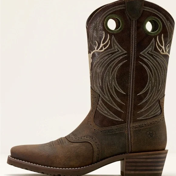 Ariat Men's Hybrid Roughstock Antler Dark Brown Boots with Cream Accents - Picture 4 of 15